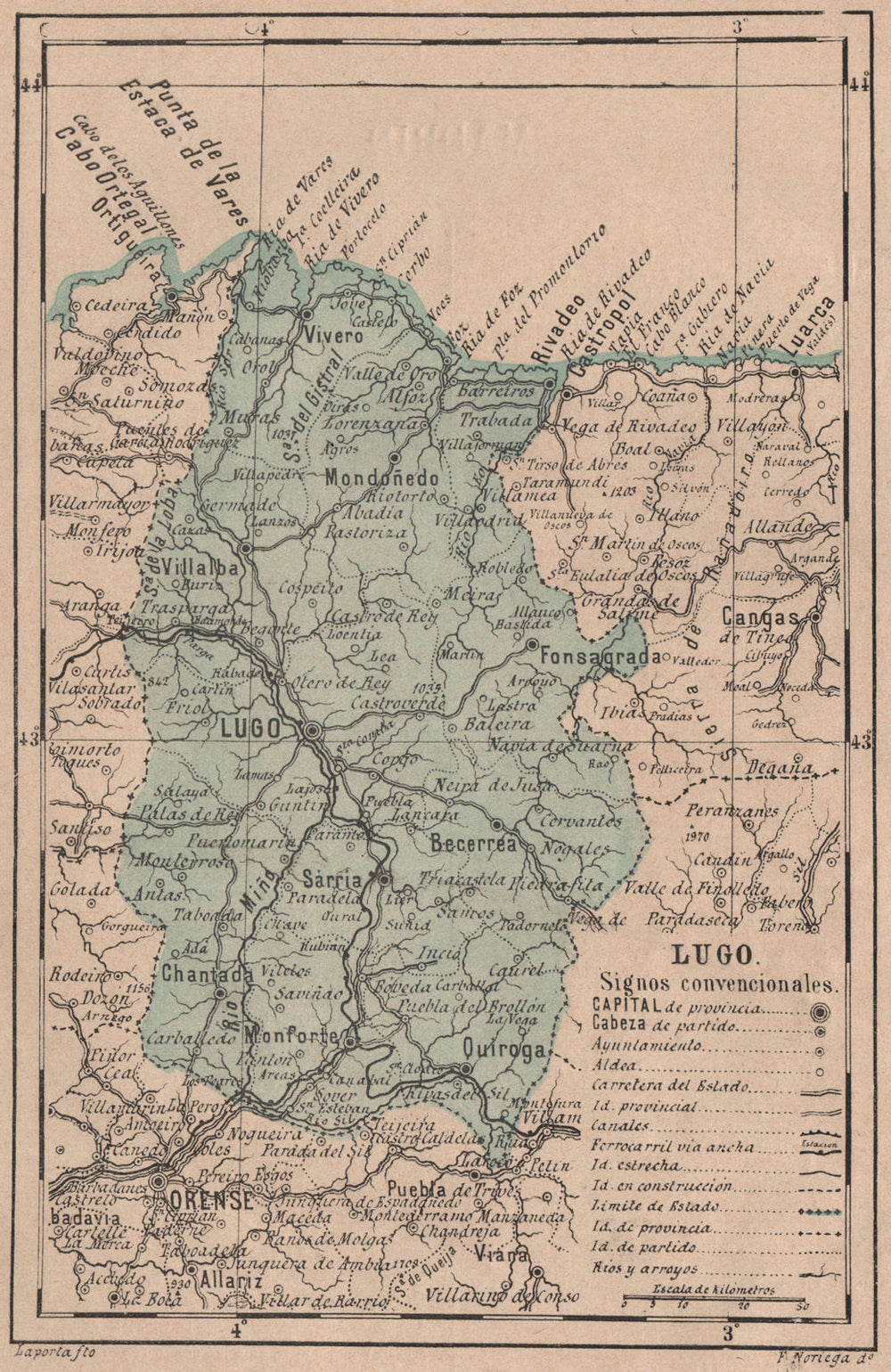 LUGO. Galicia. Mapa antiguo de la provincia 1908 old antique plan chart