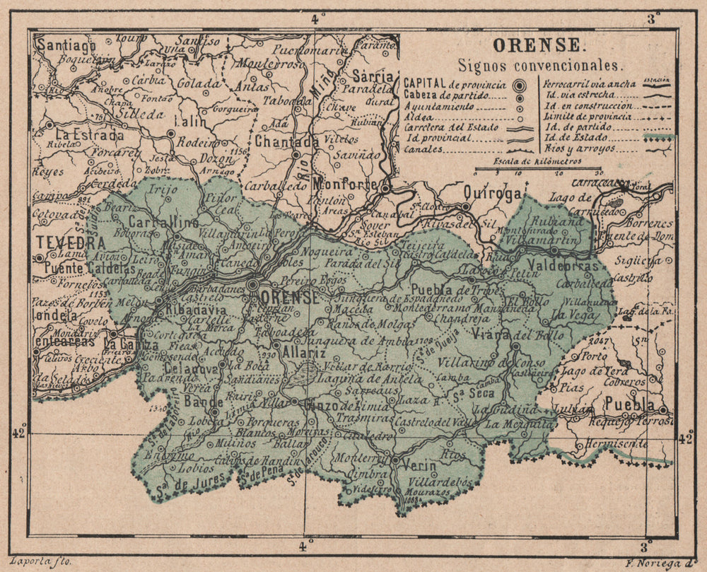 ORENSE. Ourense. Galicia. Mapa antiguo de la provincia 1908 old antique
