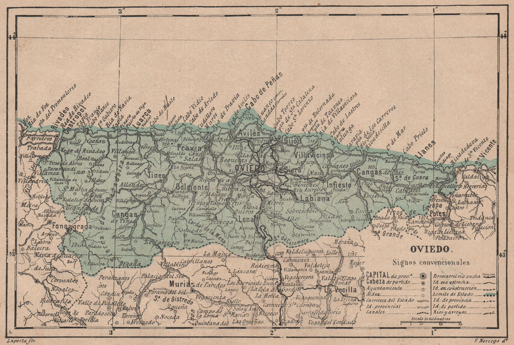ASTURIAS. Oviedo. Mapa antiguo de la provincia 1908 old antique plan chart