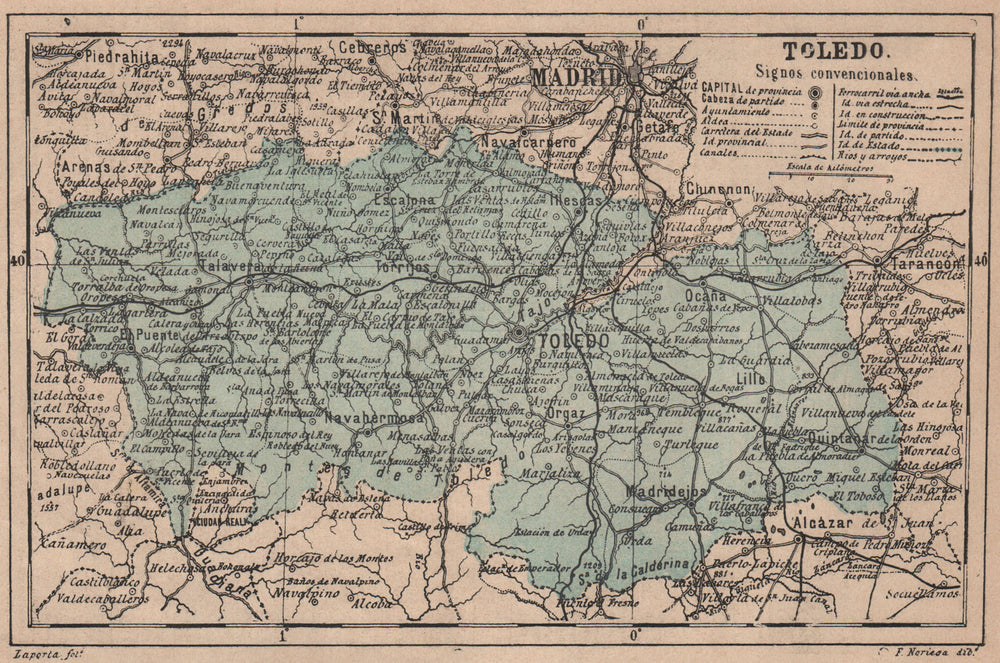 TOLEDO. Castilla-La Mancha. Mapa antiguo de la provincia 1908 old antique