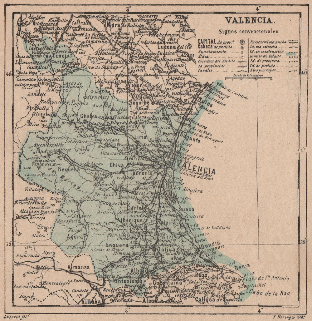 VALENCIA. València. Comunidad Valenciana. Mapa antiguo de la provincia 1908