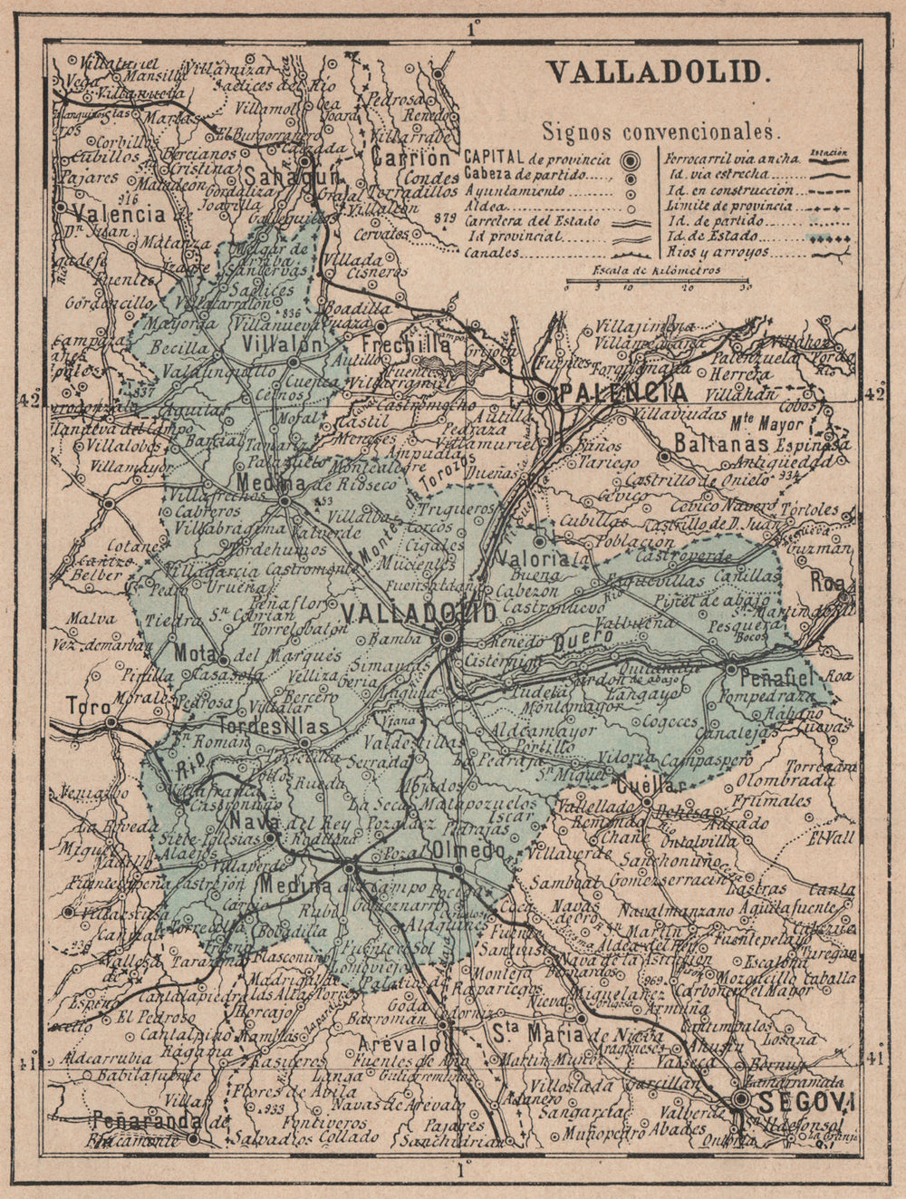 VALLADOLID. Castilla y León. Mapa antiguo de la provincia 1908 old antique