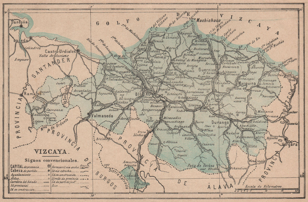 BISCAY BIZKAIA VIZCAYA. Bilbao Bilbo. Euskadi. Mapa antiguo de la provincia 1908