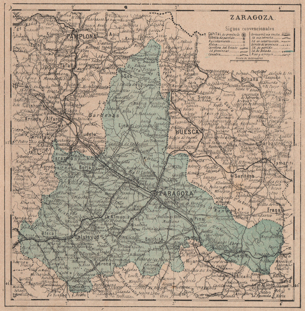 ZARAGOZA. Saragossa. Aragon. Mapa antiguo de la provincia 1908 old antique
