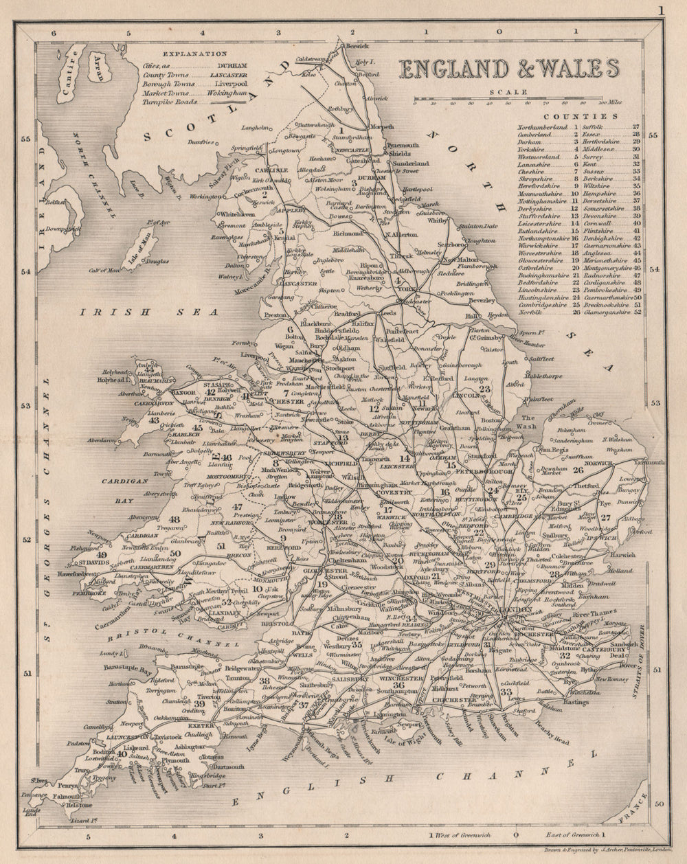 ENGLAND & WALES Roads by ARCHER/DUGDALE 1845 old antique map plan chart