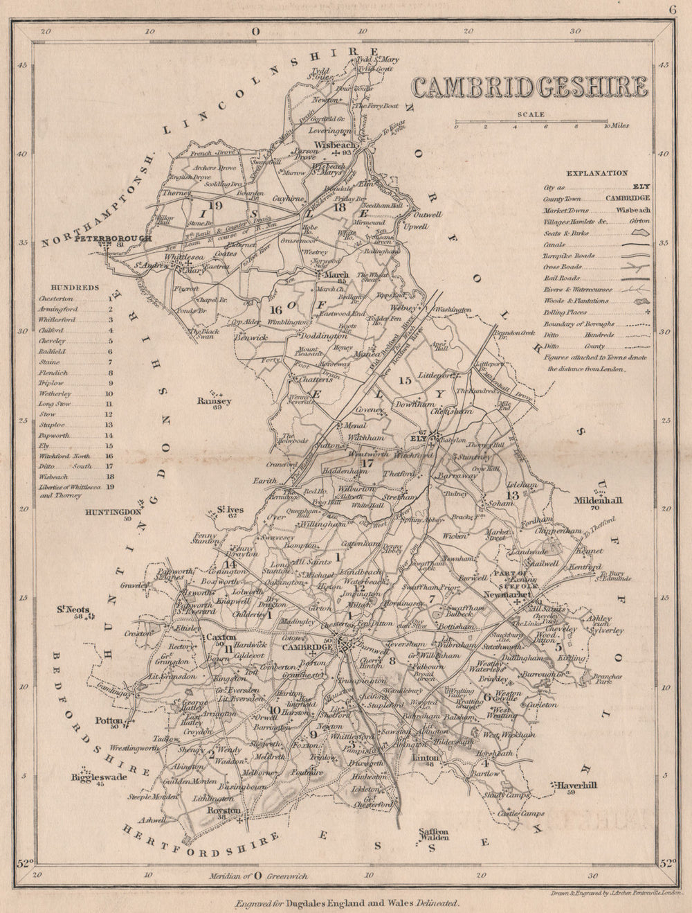 CAMBRIDGESHIRE county map. DUGDALE/ARCHER. Seats canals polling places 1845