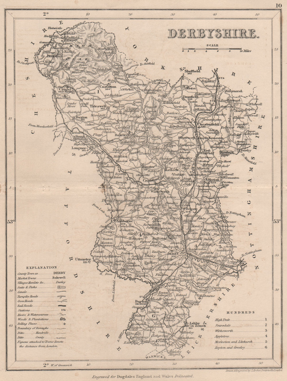 DERBYSHIRE county map by DUGDALE/ARCHER. Peak District. Polling places 1845