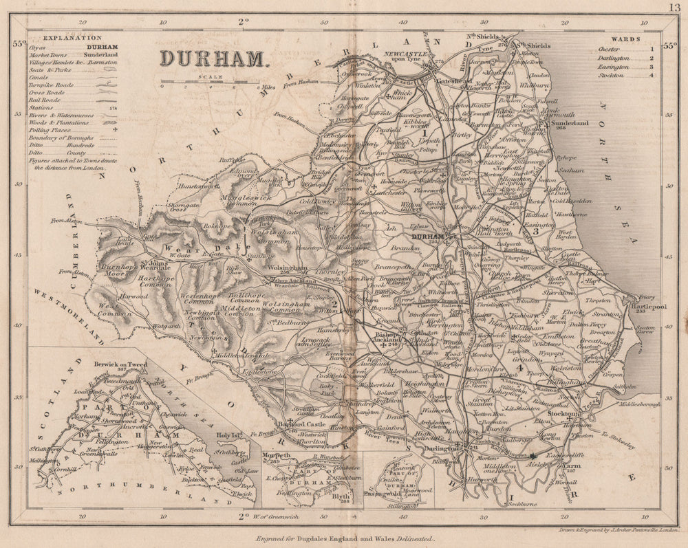 DURHAM county map w/ exclaves. DUGDALE/ARCHER. Seats polling places 1845