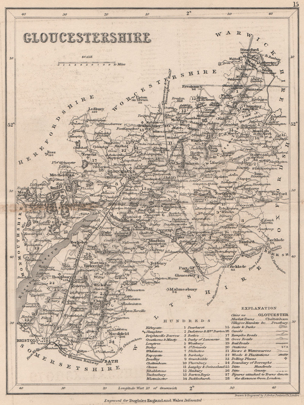GLOUCESTERSHIRE county map. DUGDALE/ARCHER. Seats canals polling places 1845