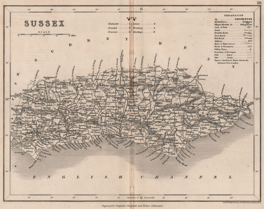 SUSSEX county map by DUGDALE/ARCHER. Seats canals polling places 1845 old