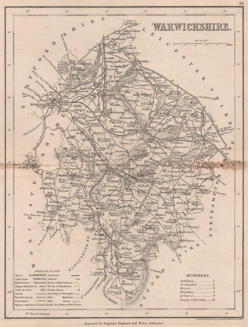 WARWICKSHIRE county map by DUGDALE/ARCHER. Seats canals polling places 1845