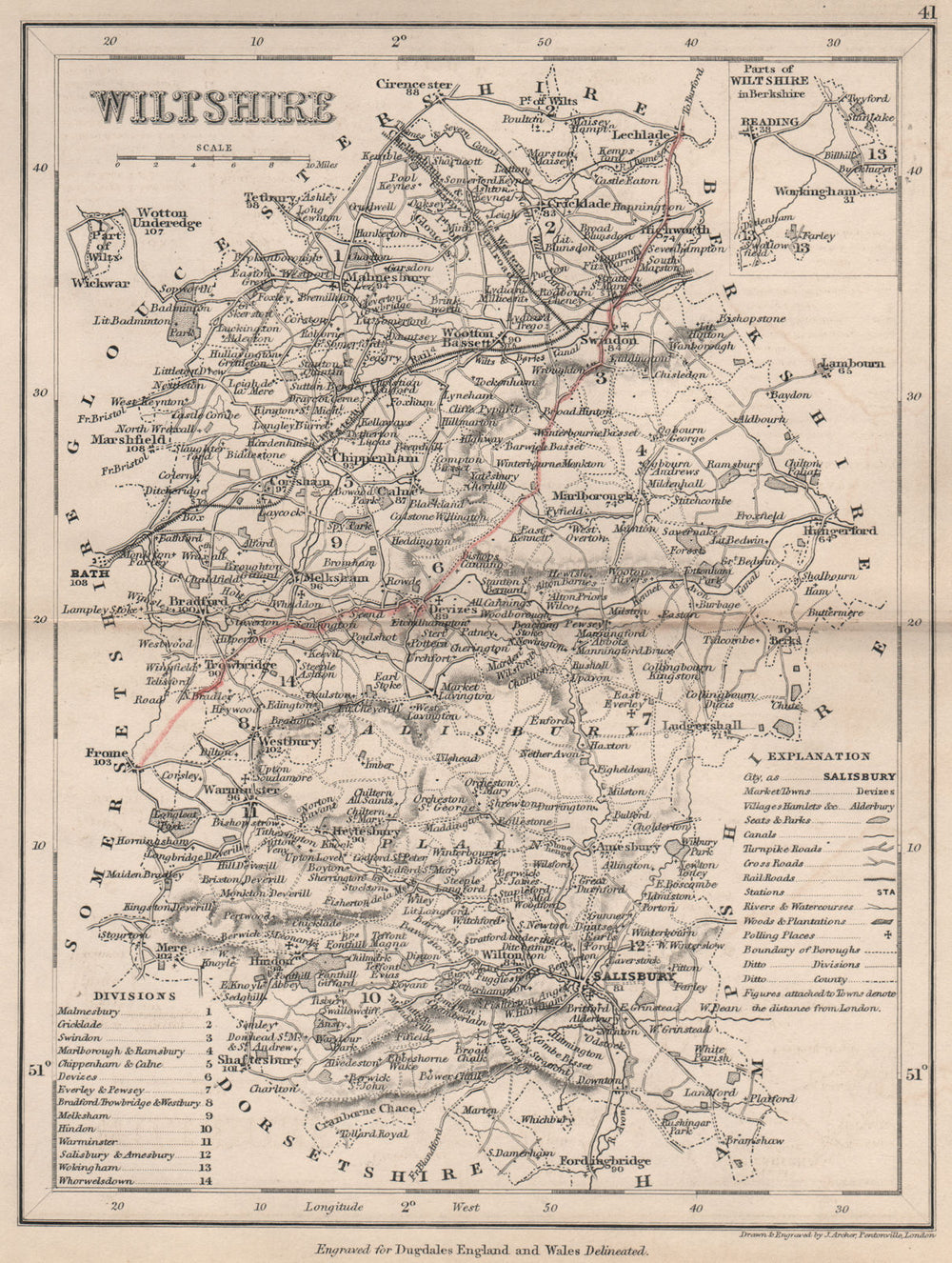 WILTSHIRE county map by DUGDALE/ARCHER. Canals polling places exclaves 1845