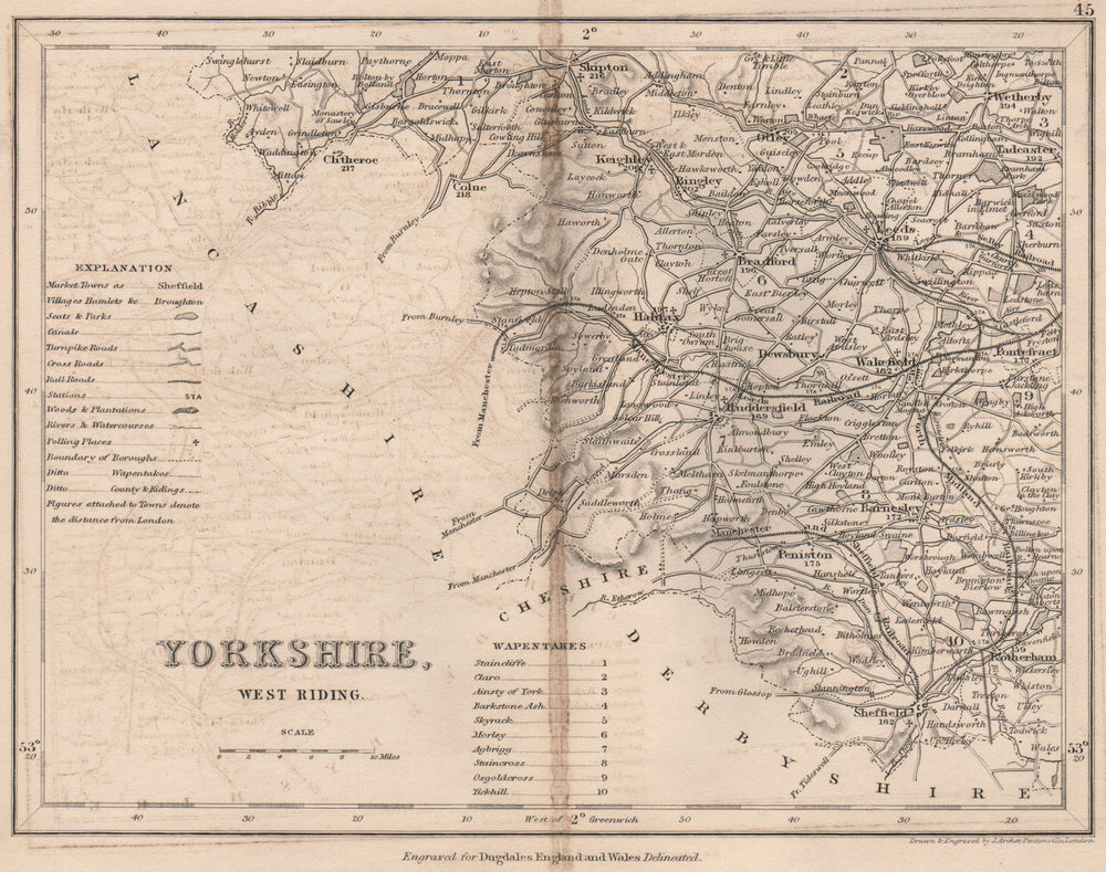 YORKSHIRE, SOUTH WEST county map showing wapentakes by DUGDALE/ARCHER 1845