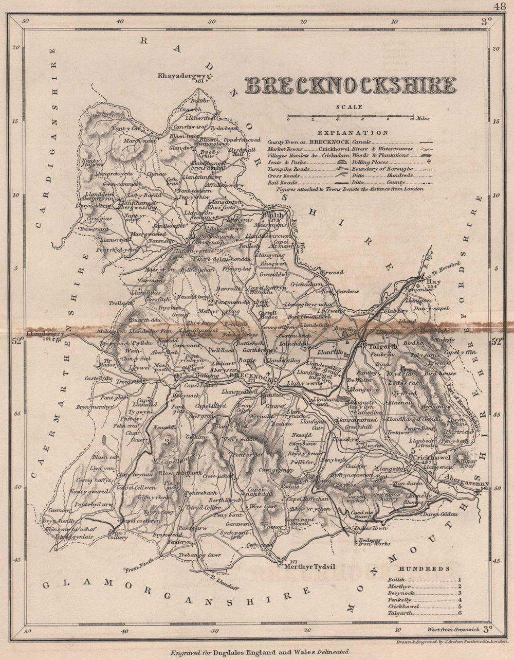 BRECKNOCKSHIRE county map. DUGDALE/ARCHER. Breconshire. Seats canals 1845
