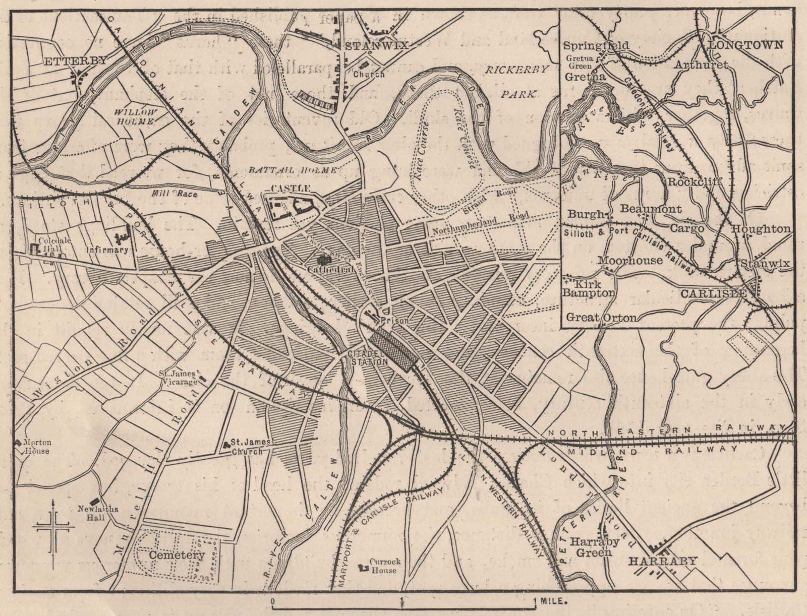 Old Map Inset Map of Carlisle; Inset Longtown, Cumbria 1898 old antique plan chart ...