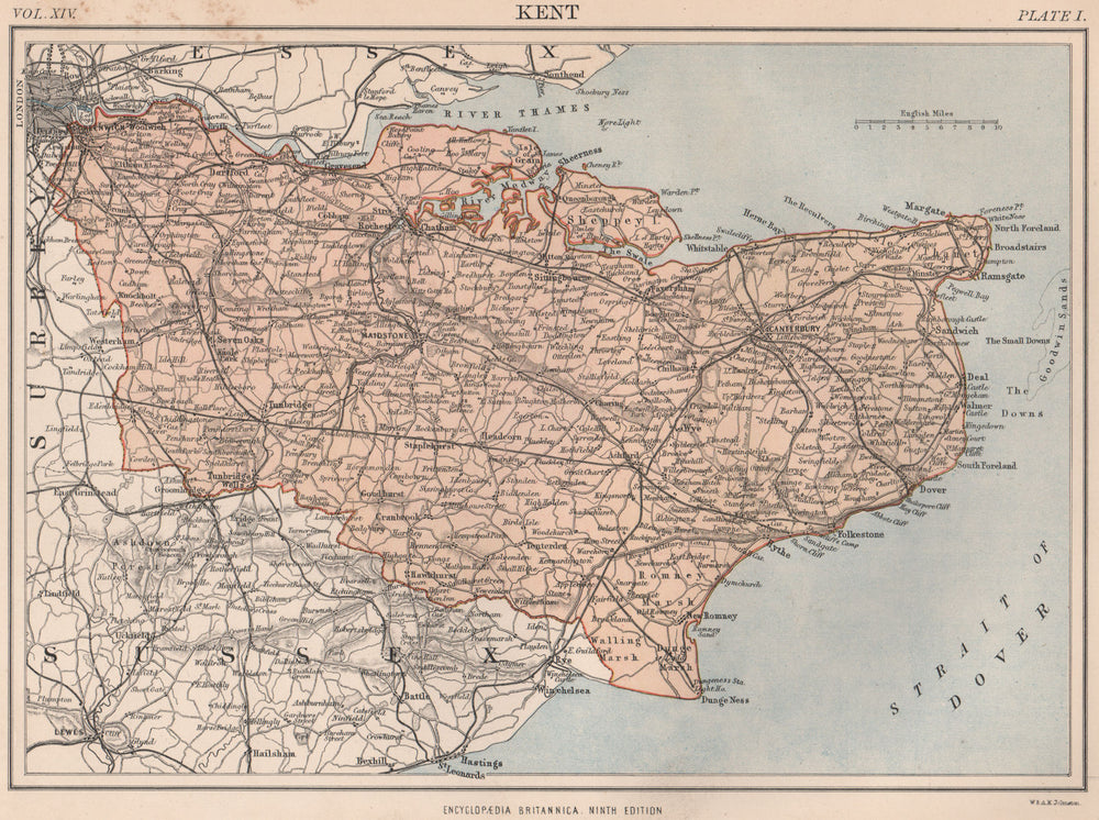 KENT county map. Railways. BRITANNICA 1898 old antique vintage plan chart