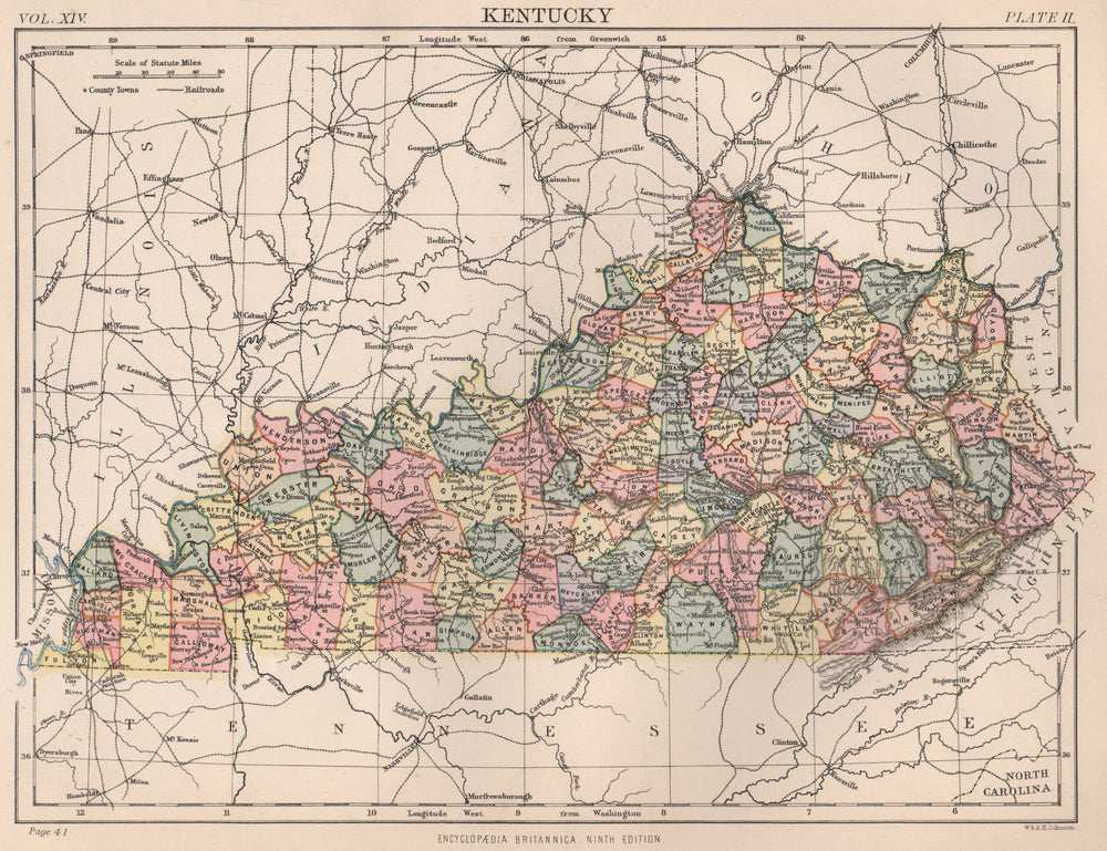 KENTUCKY state map. Counties. BRITANNICA 1898 old antique plan chart