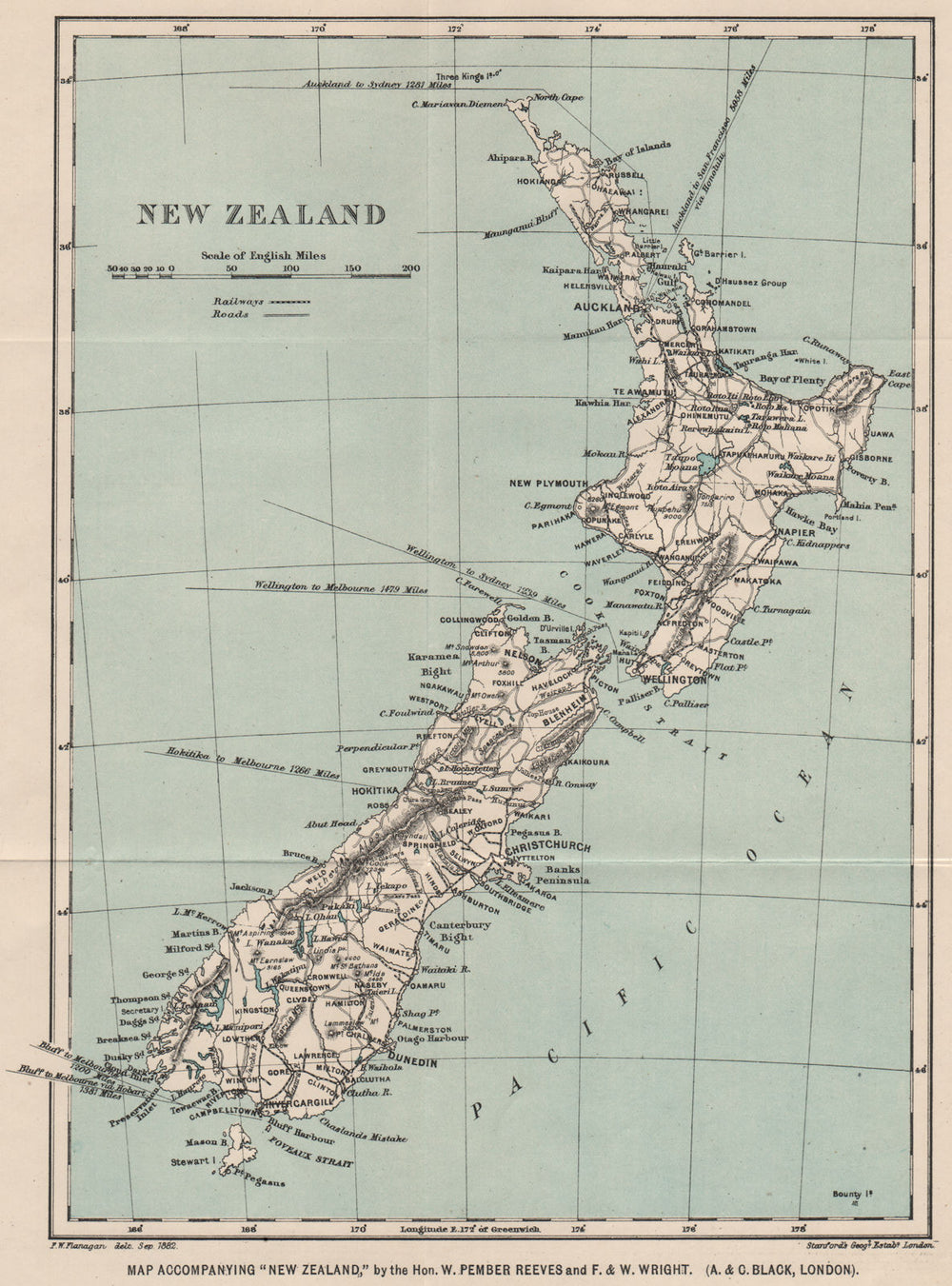 Antique map of NEW ZEALAND by FW Flanagan/STANFORD 1908 old chart
