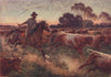 'A cattle rush at dawn' by Percy Spence. Australia 1910 old antique print