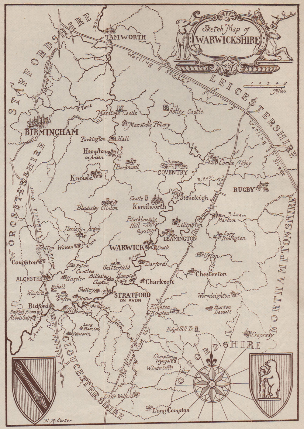 WARWICKSHIRE. Roman roads. Fosse Way. Watling Street. Icknield Street 1906 map