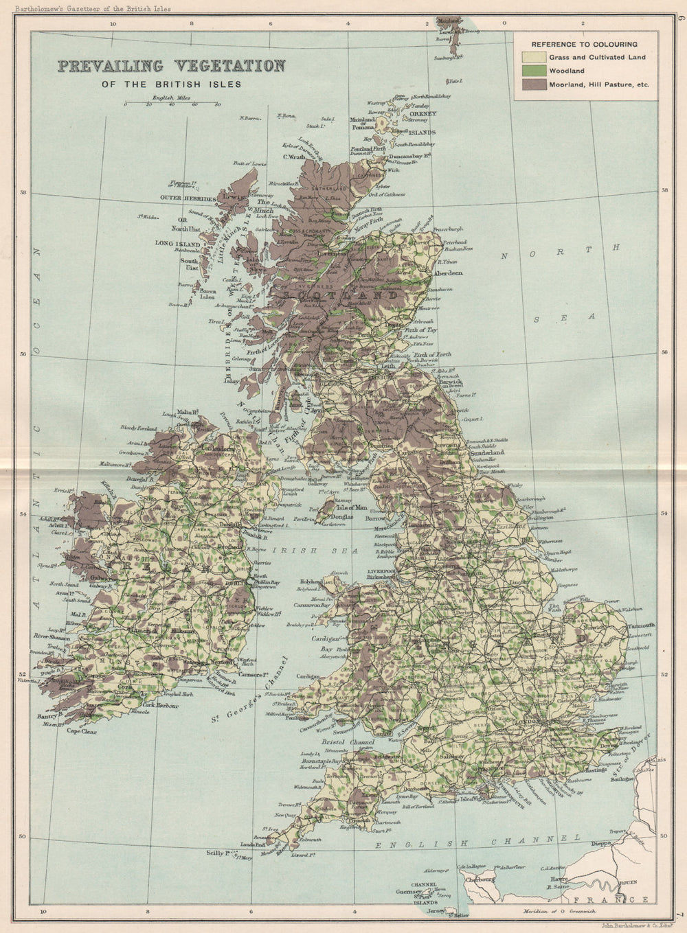 BRITISH ISLES VEGETATION Woodland Moorland Cultivated land. BARTHOLOMEW 1904 map