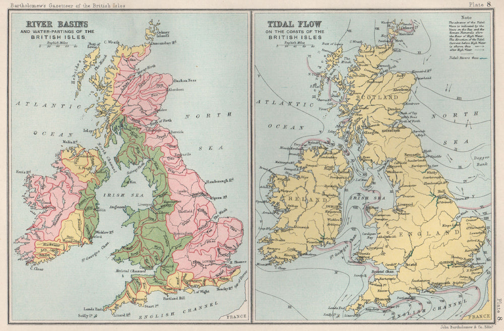 BRITISH ISLES river/drainage basins, waterpartings & tidal flow 1904 old map
