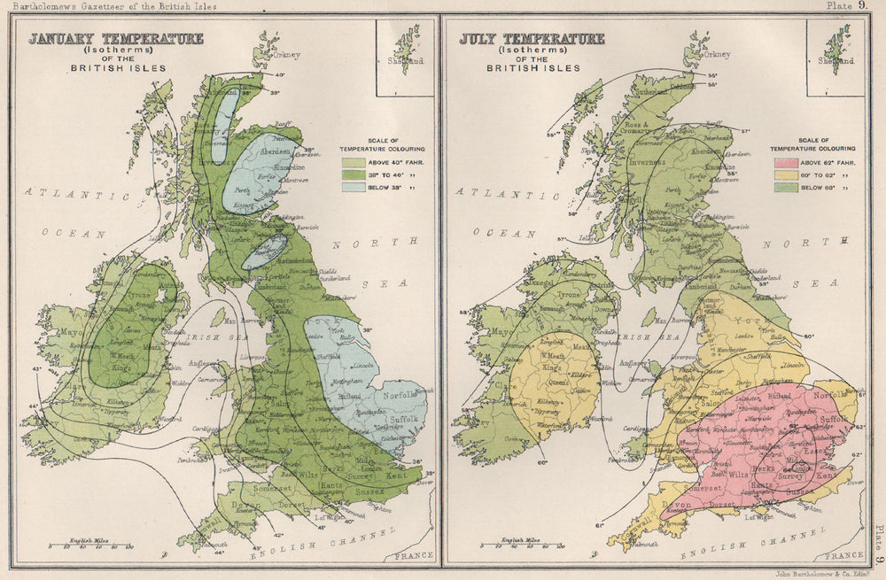 BRITISH ISLES ISOTHERMS. January & July temperature. BARTHOLOMEW 1904 old map