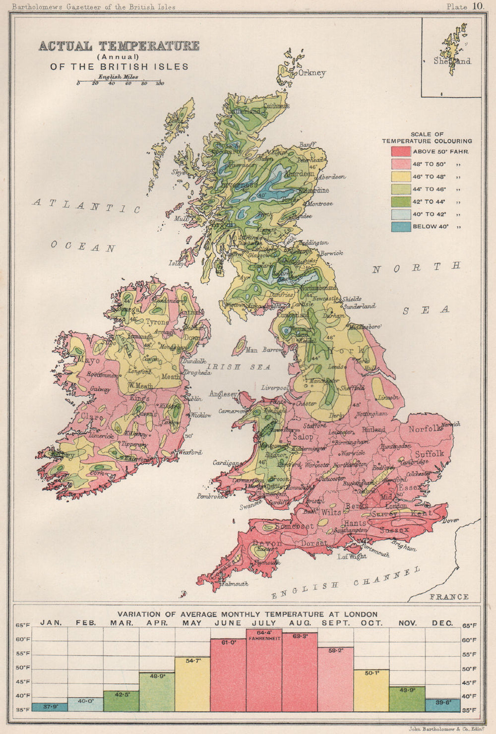 BRITISH ISLES TEMPERATURE. Actual Temperature (Annual). BARTHOLOMEW 1904 map