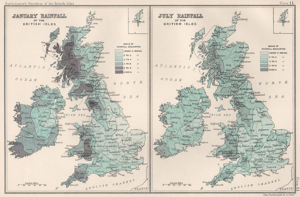 BRITISH ISLES RAINFALL. January & July precipitation. BARTHOLOMEW 1904 old map