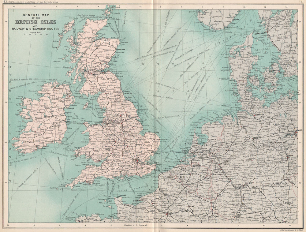 British Isles General map with railway & steamship routes. BARTHOLOMEW 1904