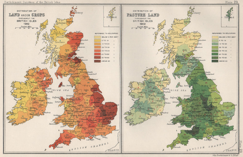 BRITISH ISLES AGRICULTURAL. Land under Crops/Pasture Land. BARTHOLOMEW 1904 map