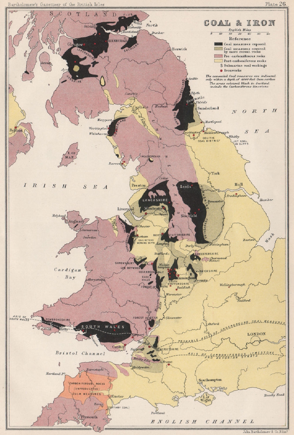 BRITISH ISLES coal & iron production. BARTHOLOMEW 1904 old antique map chart
