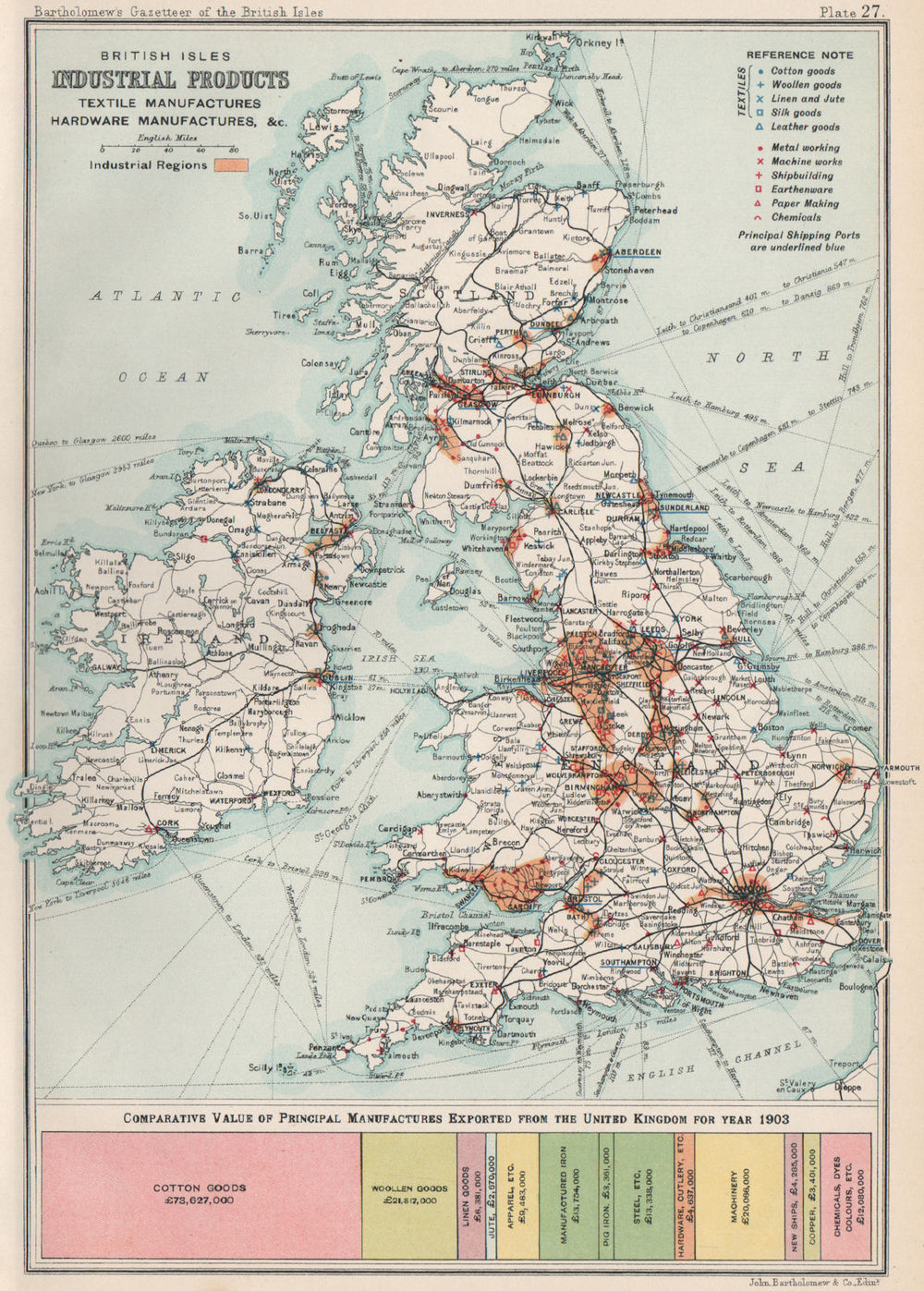 BRITISH ISLES. Industrial products, textile & hardware manufactures 1904 map