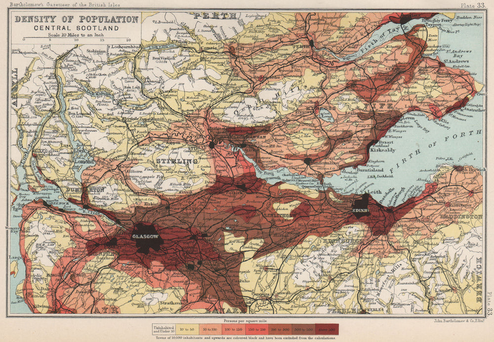 CENTRAL SCOTLAND. Density of population. BARTHOLOMEW 1904 old antique map