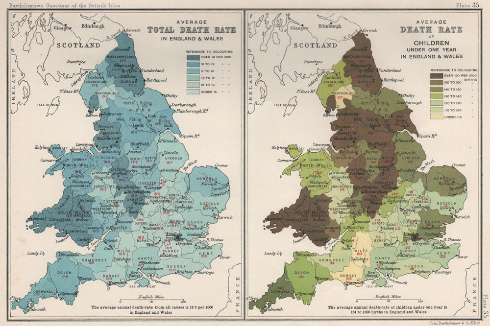 ENGLAND & WALES DEATH RATE. Average total. Infants. BARTHOLOMEW 1904 old map