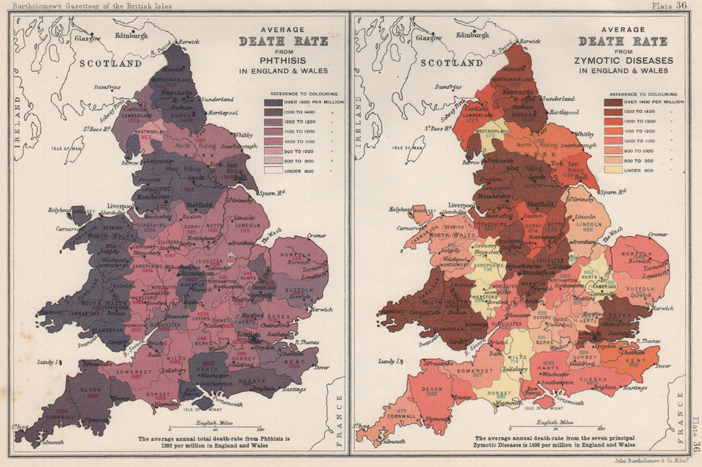 ENGLAND & WALES Phthisis (TB)/Zymotic (infectious) diseases death rate 1904 map