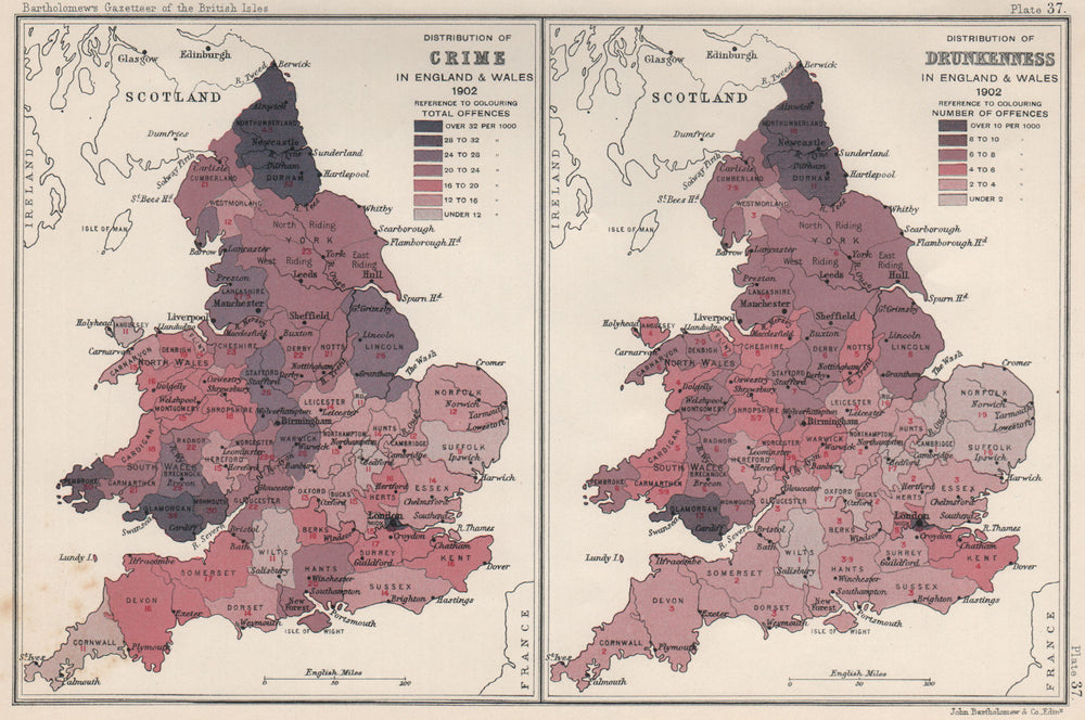 England & Wales. CRIME & DRUNKENNESS, 1902. BARTHOLOMEW 1904 old antique map