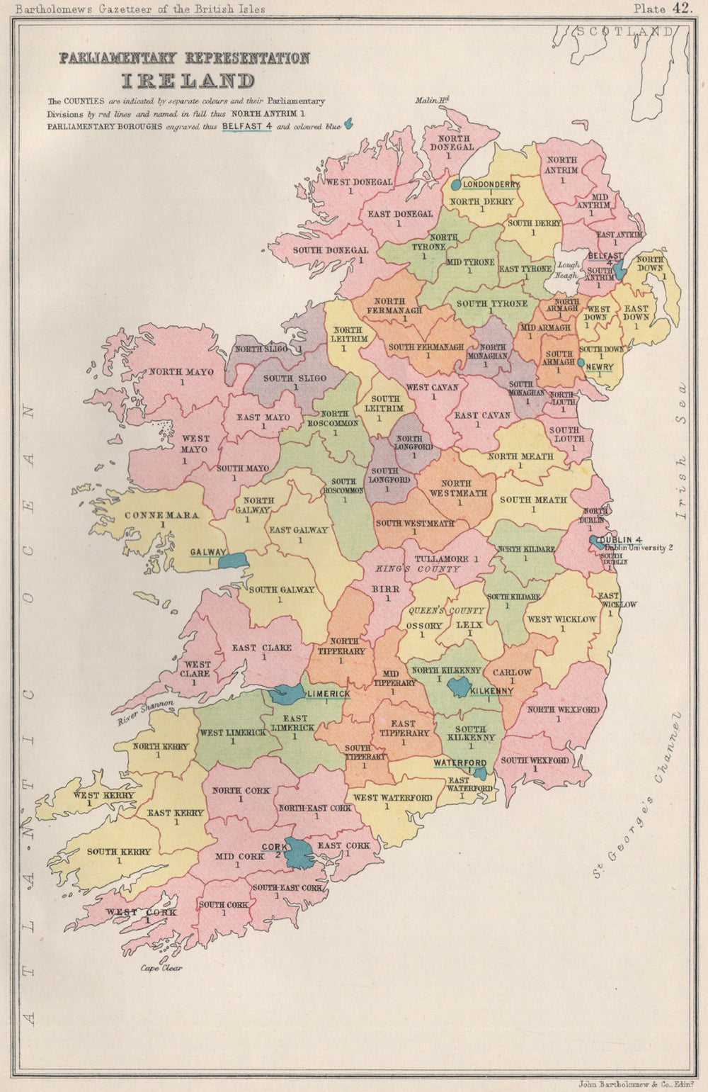 IRELAND Parliamentary representation. Constituencies. BARTHOLOMEW 1904 old map