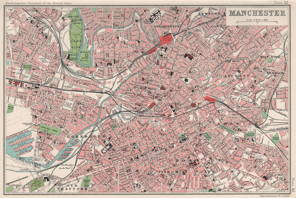 MANCHESTER  antique town/city plan. BARTHOLOMEW 1904 old map chart