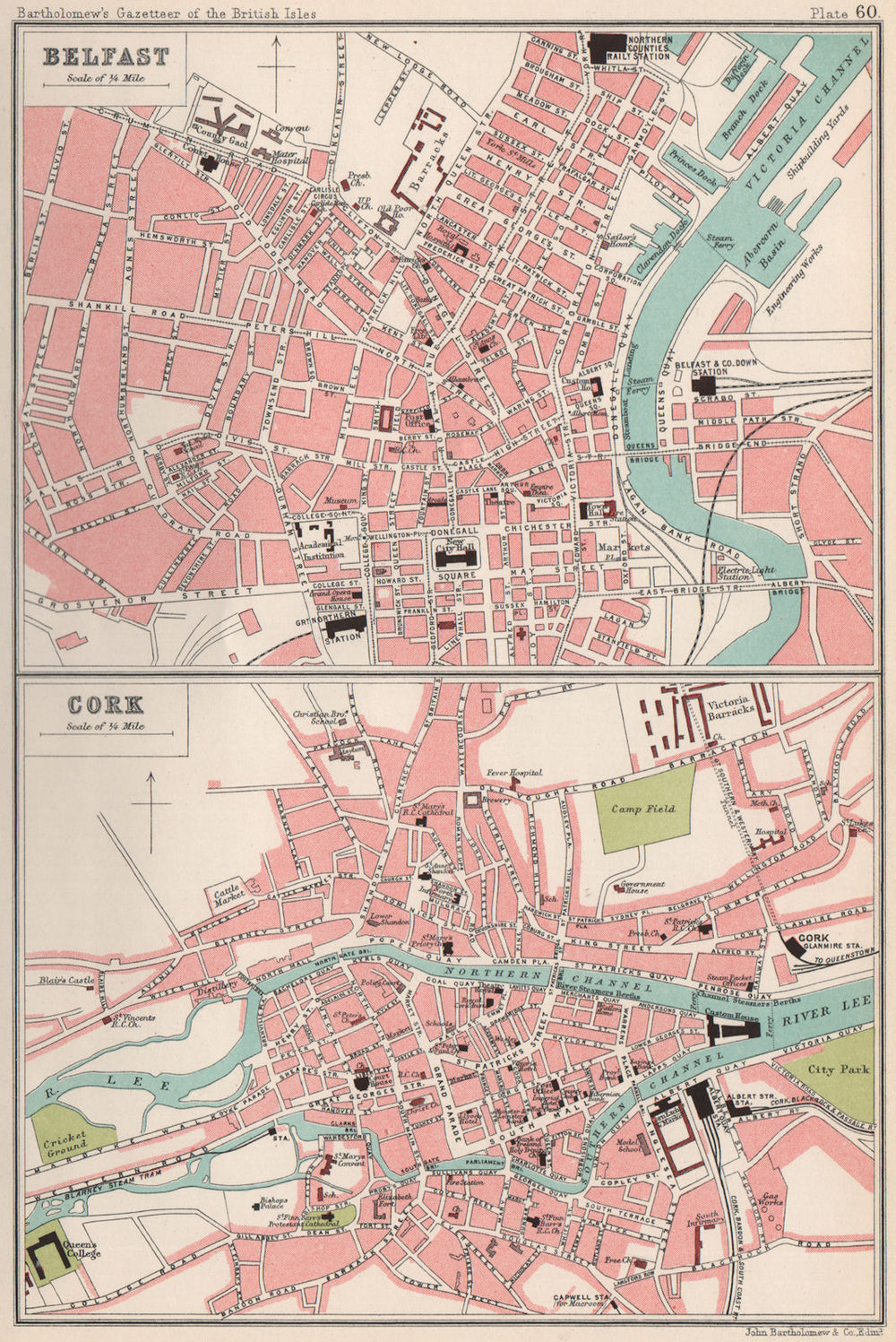 BELFAST & CORK antique town/city plans. BARTHOLOMEW 1904 old map chart