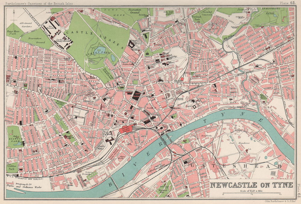 NEWCASTLE-UPON-TYNE antique town/city plan. BARTHOLOMEW 1904 old map