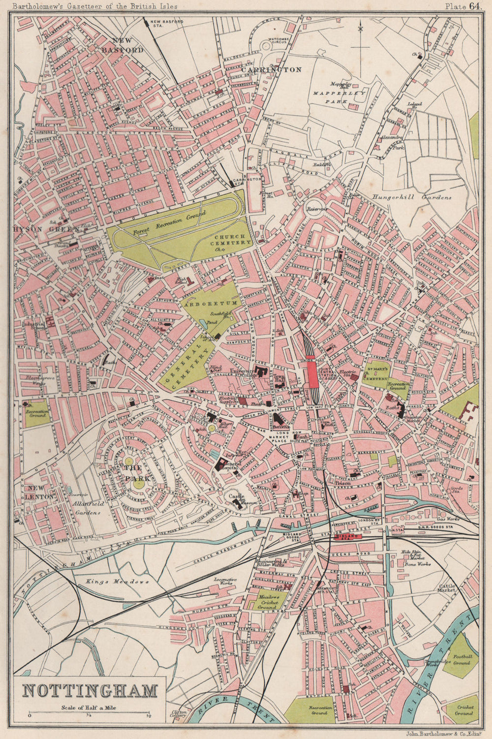NOTTINGHAM antique town/city plan. BARTHOLOMEW 1904 old map chart