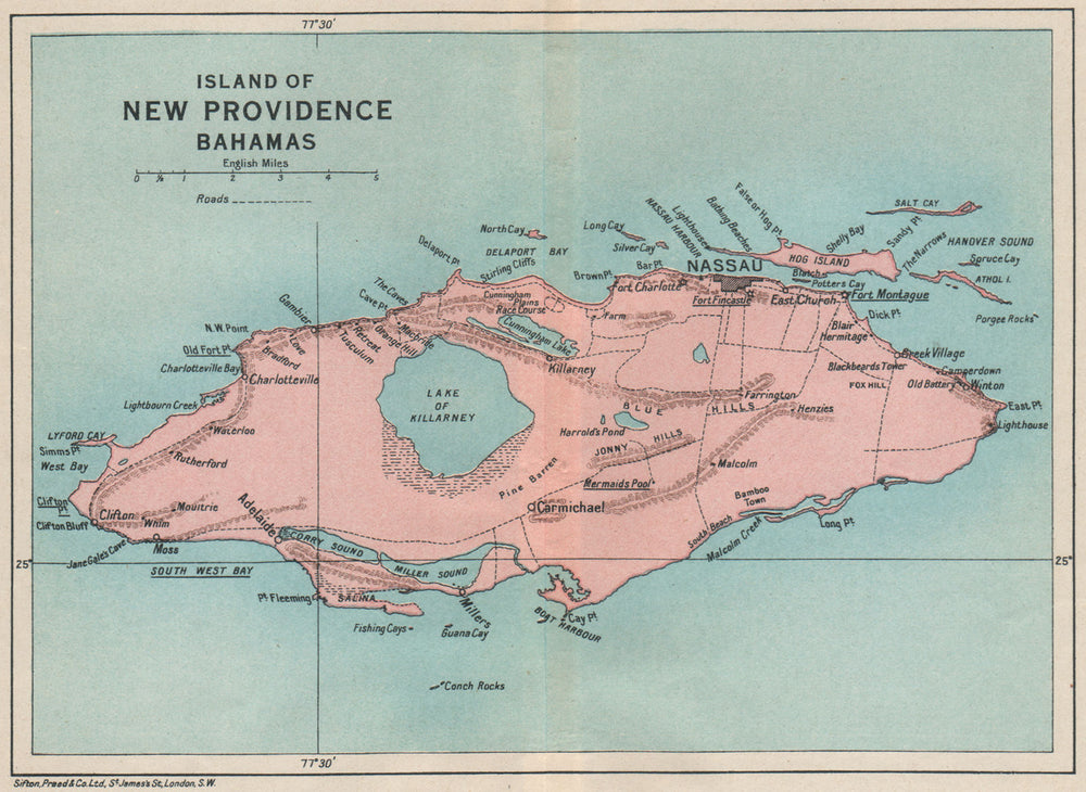 NEW PROVIDENCE. Vintage map. Bahamas. Caribbean 1927 old vintage chart