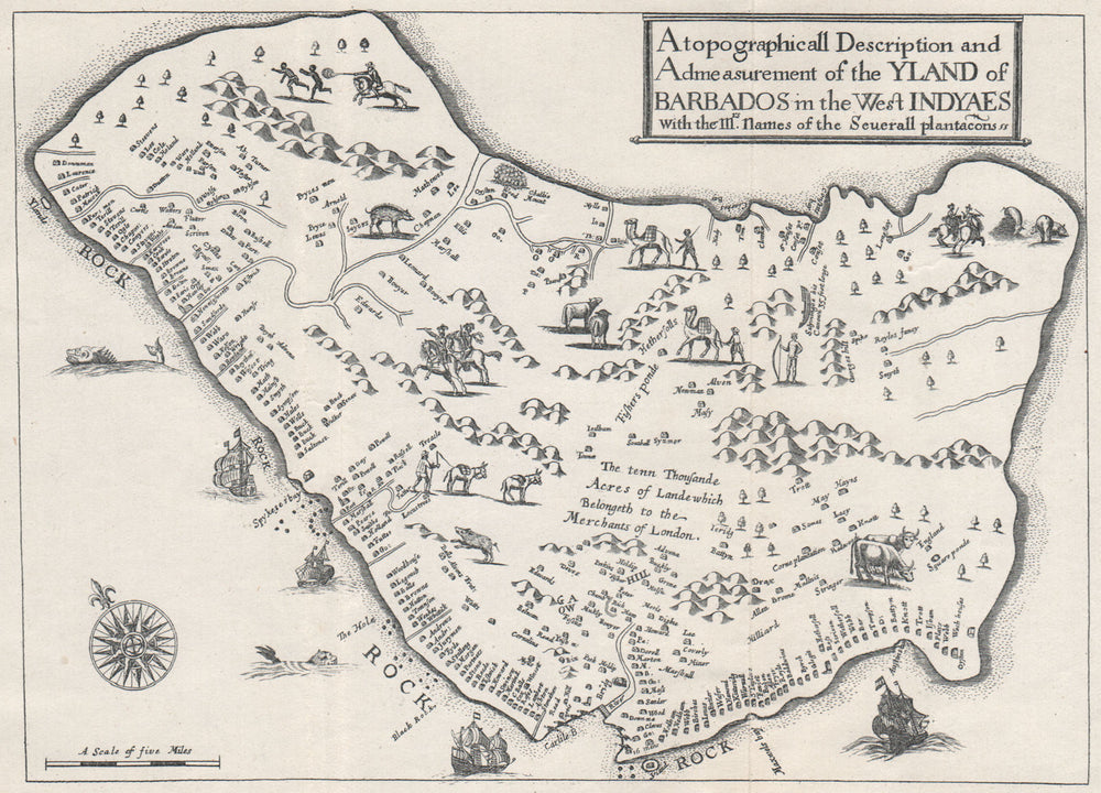 "YLAND OF BARBADOS". Plantations. After Ligon 1657. West Indies 1927 old map