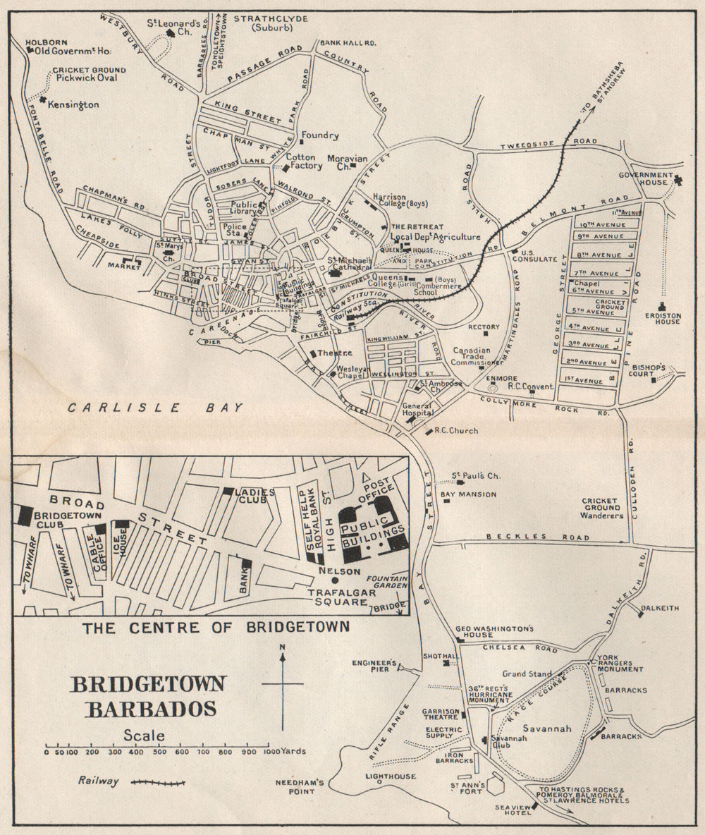 BRIDGETOWN. Vintage town map. Barbados. West Indies. Caribbean 1927 old