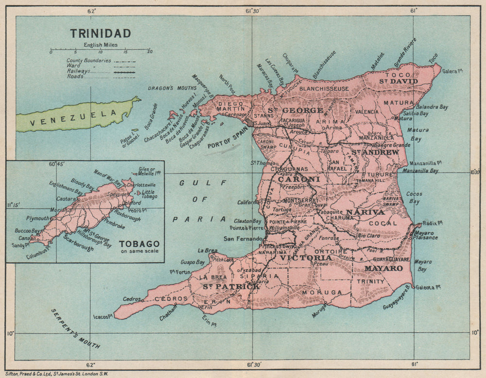 TRINIDAD. Vintage map. West Indies. Caribbean 1927 old vintage plan chart