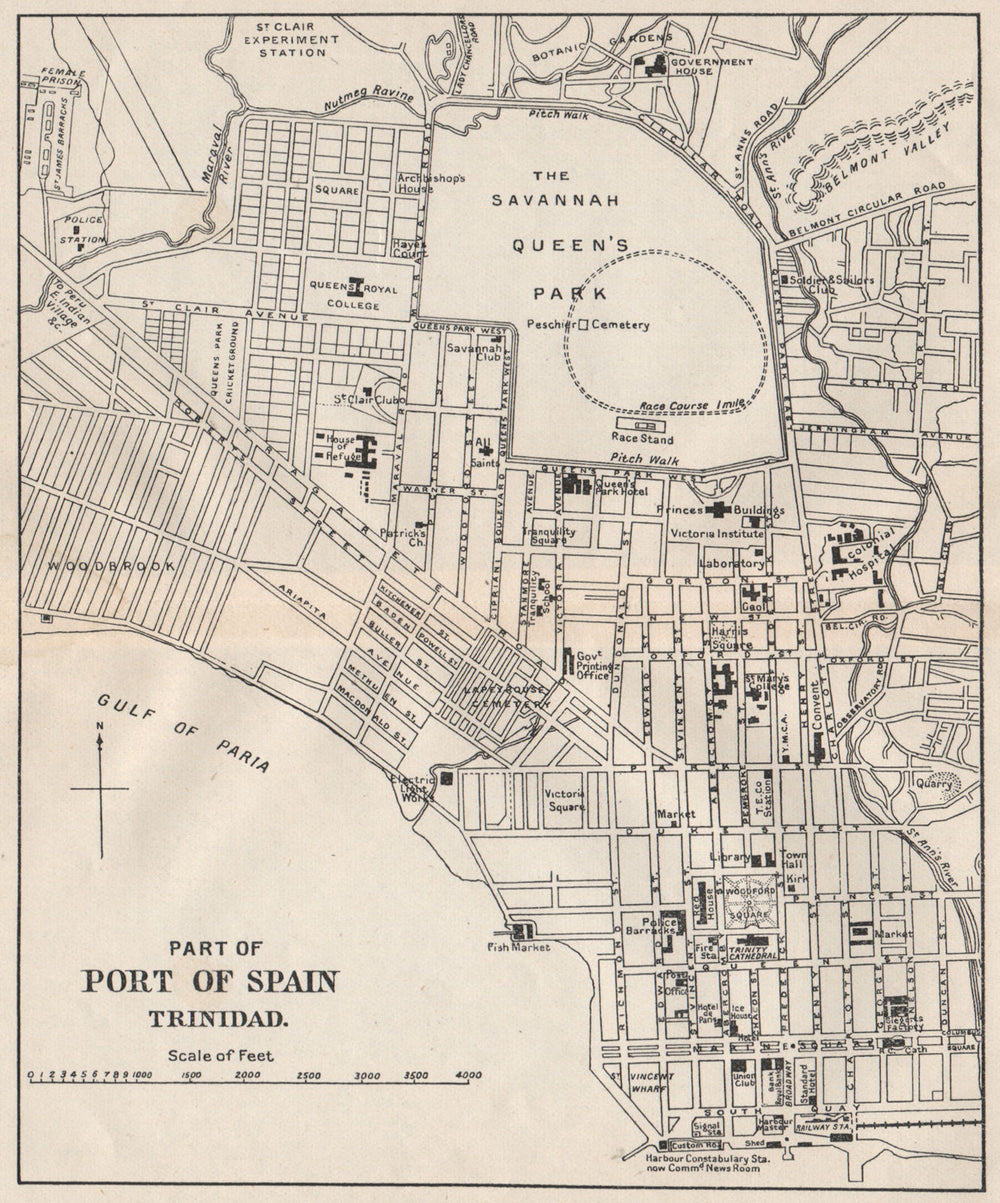 PORT OF SPAIN. Vintage map. Trinidad. West Indies. Caribbean 1927 old