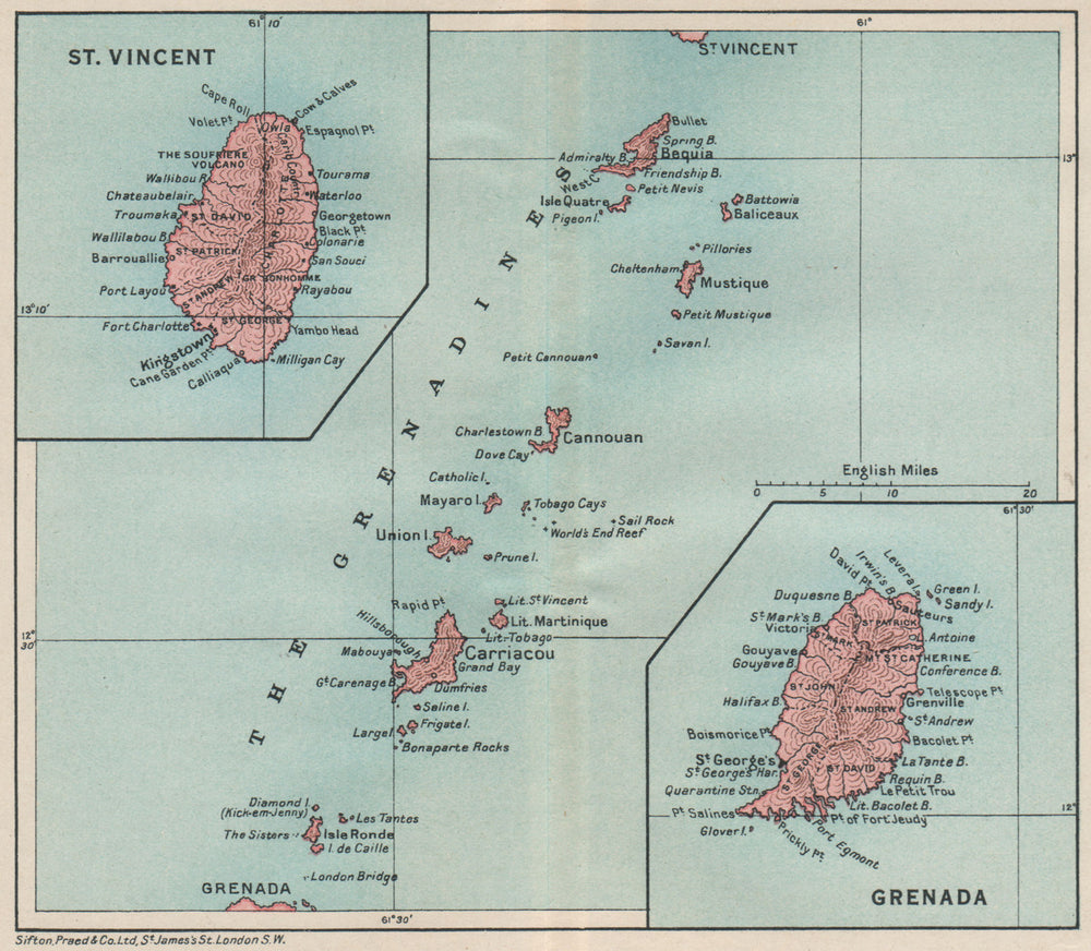 ST VINCENT, GRENADA & THE GRENADINES. Lesser Antilles. West Indies 1927 map