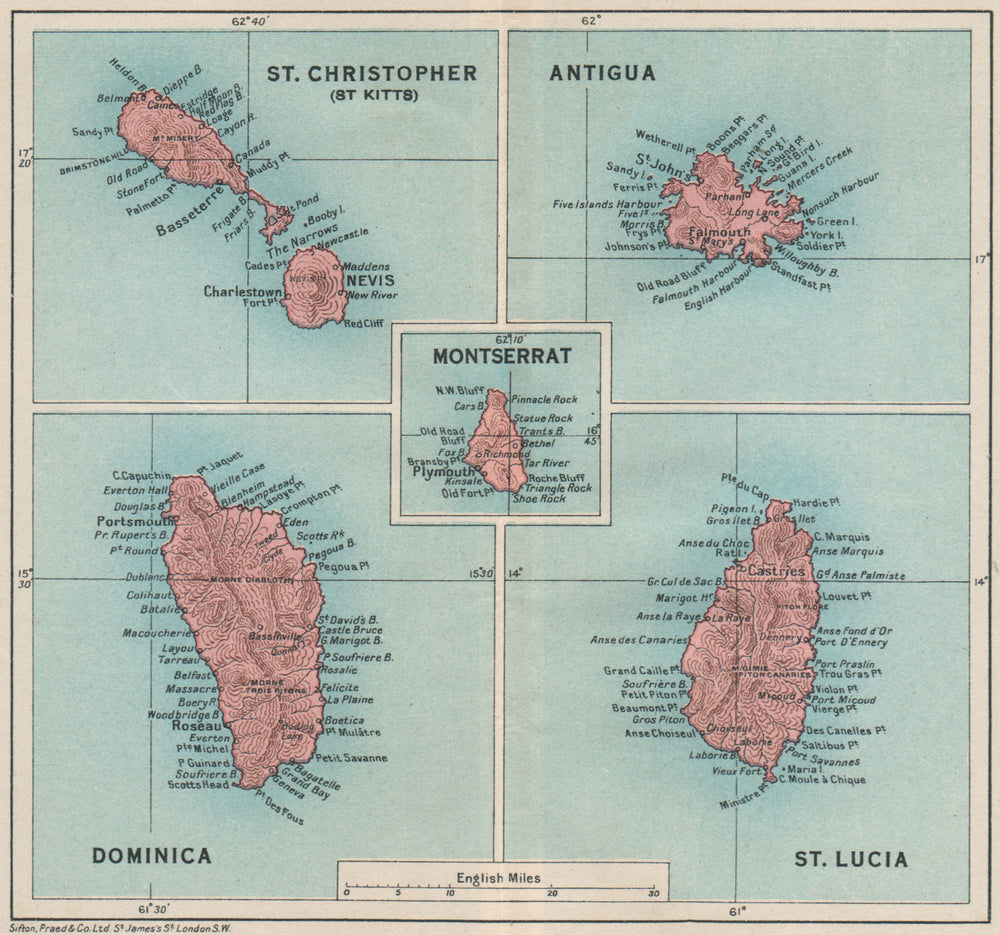 WEST INDIES. Dominica St Kitts Antigua St Lucia Montserrat 1927 old map