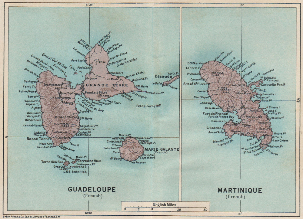 ANTILLES FRANÇAISES. Martinique Guadeloupe. French West Indies vintage map 1927
